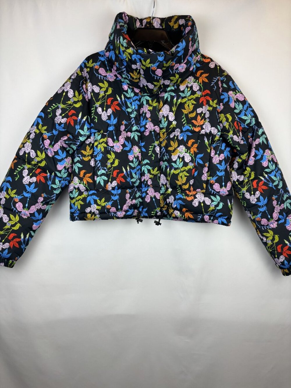 Large Roxy Rowley XY Cropped Puffer Jacket Colorful Floral Mock Neck Zip